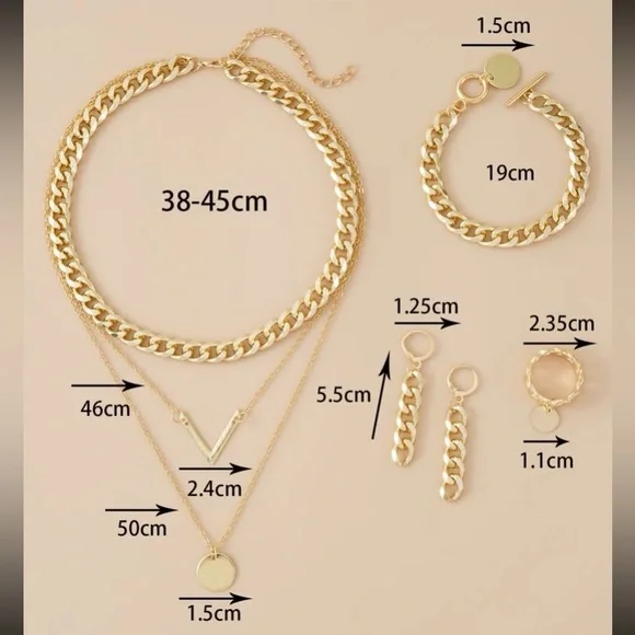 Gold Chunky 'Carrie' Chain Link Layering Set-Necklace, Earrings, Ring, B… - Picture 4 of 6